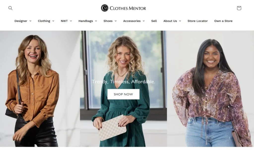 Clothes Mentor Home Page Image Featuring Three Women Dress in Sustainable Fashions